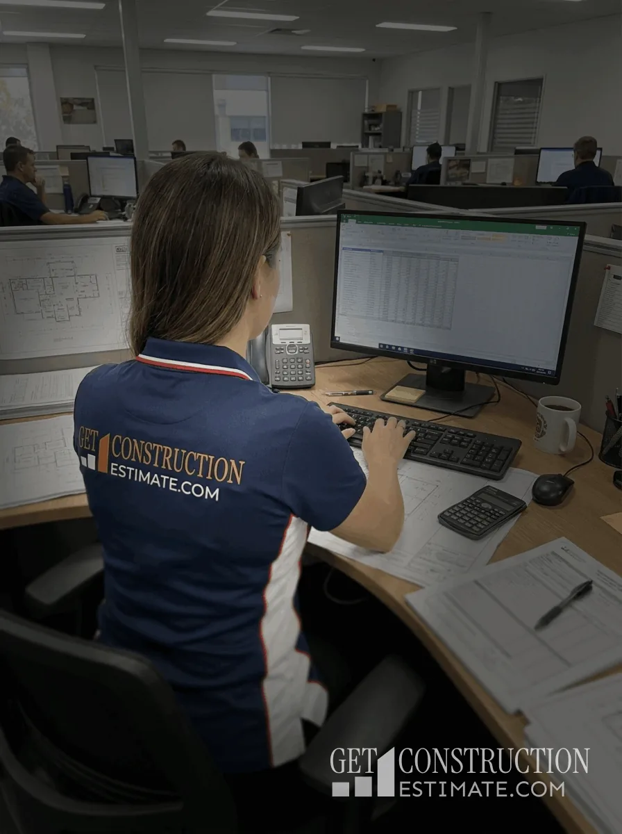 An estimator at a desk working a takeoff, with printed plan sets either side and a quantity spreadsheet open on screen